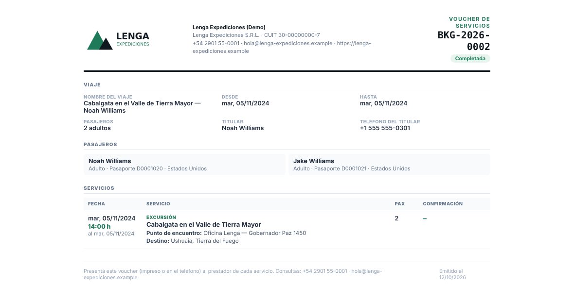Voucher de servicios con el logo, datos del viaje, pasajeros y servicios, sin precios